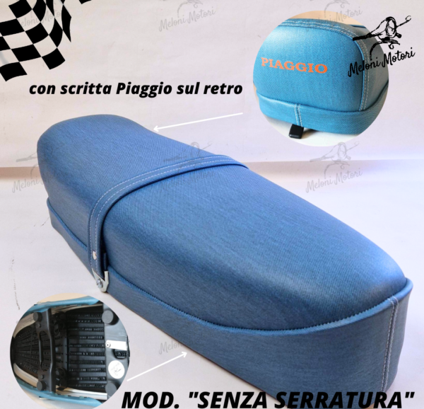 SELLA ORIGINALE VESPA 125 PRIMAVERA originale piaggio blu jeans con scritta arancio